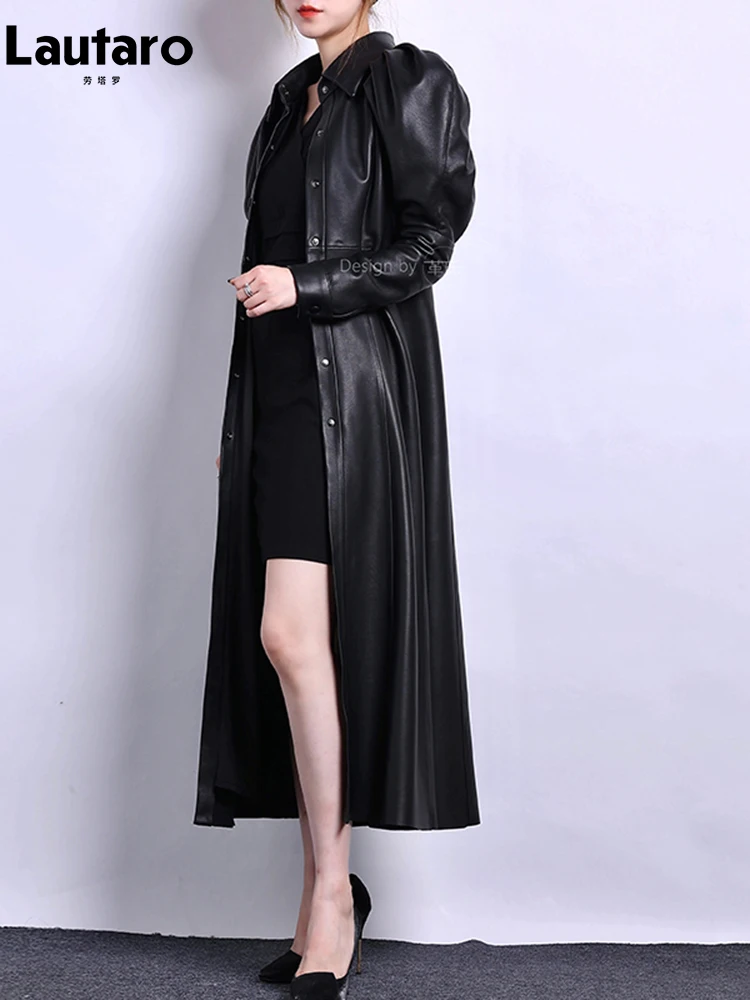 Lautaro Spring Autumn Long Luxury Elegant Retro Black Soft Pu Leather Trench Coat for Women Puff Sleeve Runway Fashion 2023