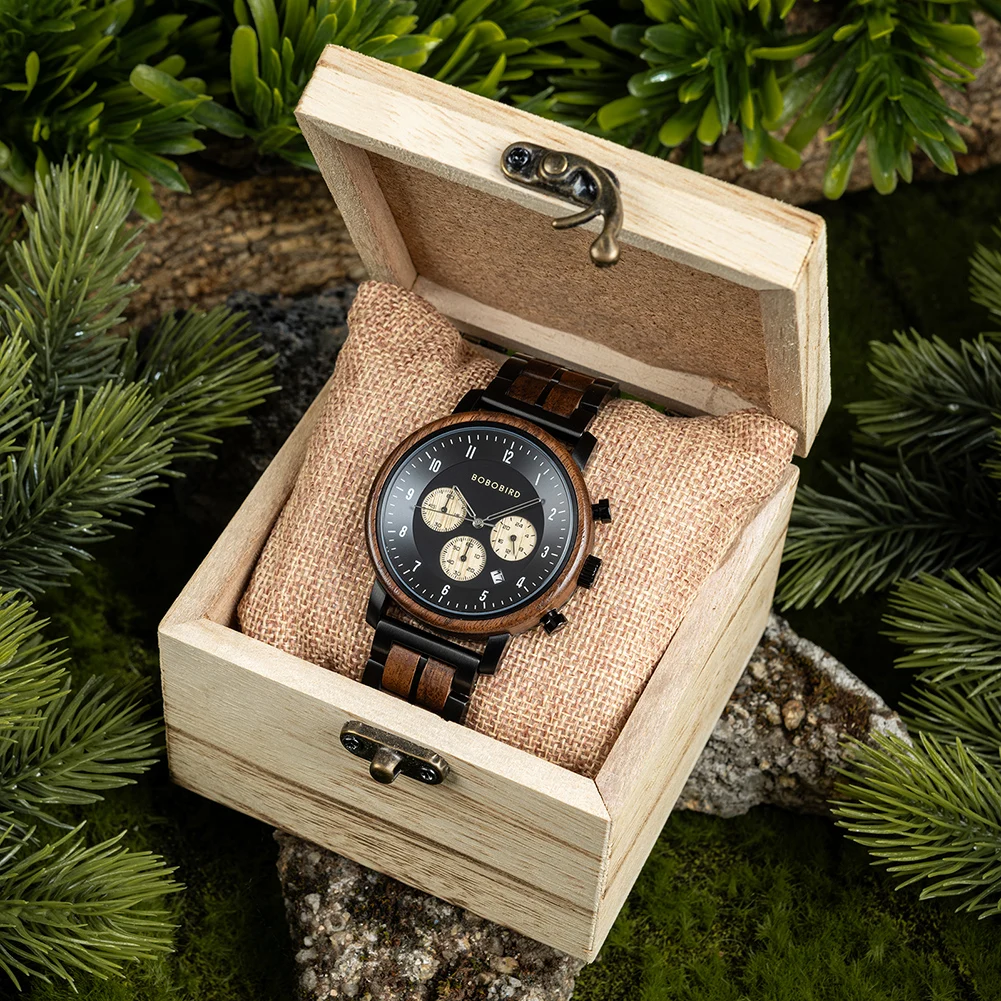 BOBO BIRD Men Luxury Wooden Quartz Watches Functional Stop Chronograph Date Display relogio masculino Timepieces Custom BestGift