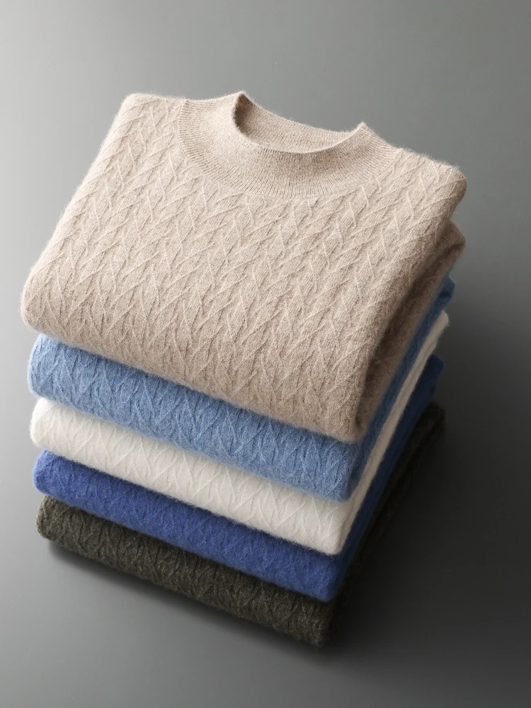 MEETCC Men 100% Cashmere Pullover Herringbone Pattern Thick Warm Sweater Autumn Winter Mock Neck Cashmere Knitwear Tops