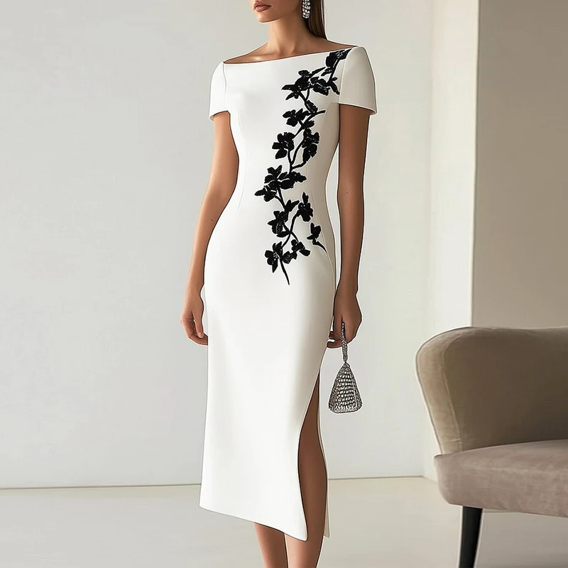 Letnia sukienka damska Sexy Slash Neck Short Sleeve Hollow Slim Evening Dresses Spring Elegant Floral Print Split Boho Long Dress