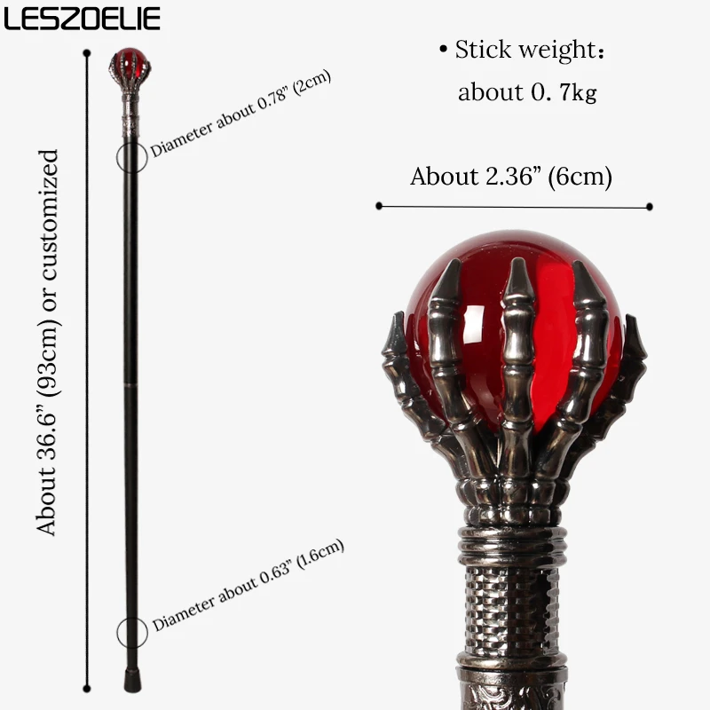 Tongkat Jalan Cakar Naga Perak 93cm dengan Bola Kristal Merah untuk Pria dan Wanita, Tongkat Dekoratif Pesta Halloween yang Modis