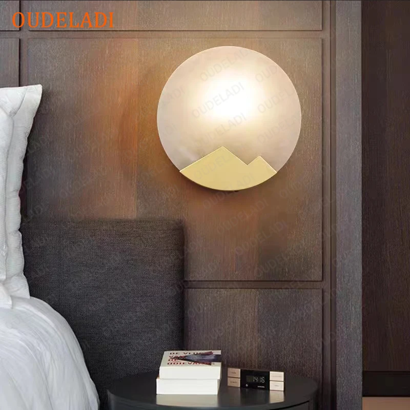 

Nordic Copper Luminaires Round marble wall lamps villa staircase living room background wall sconce simple bedroom bedside lamp