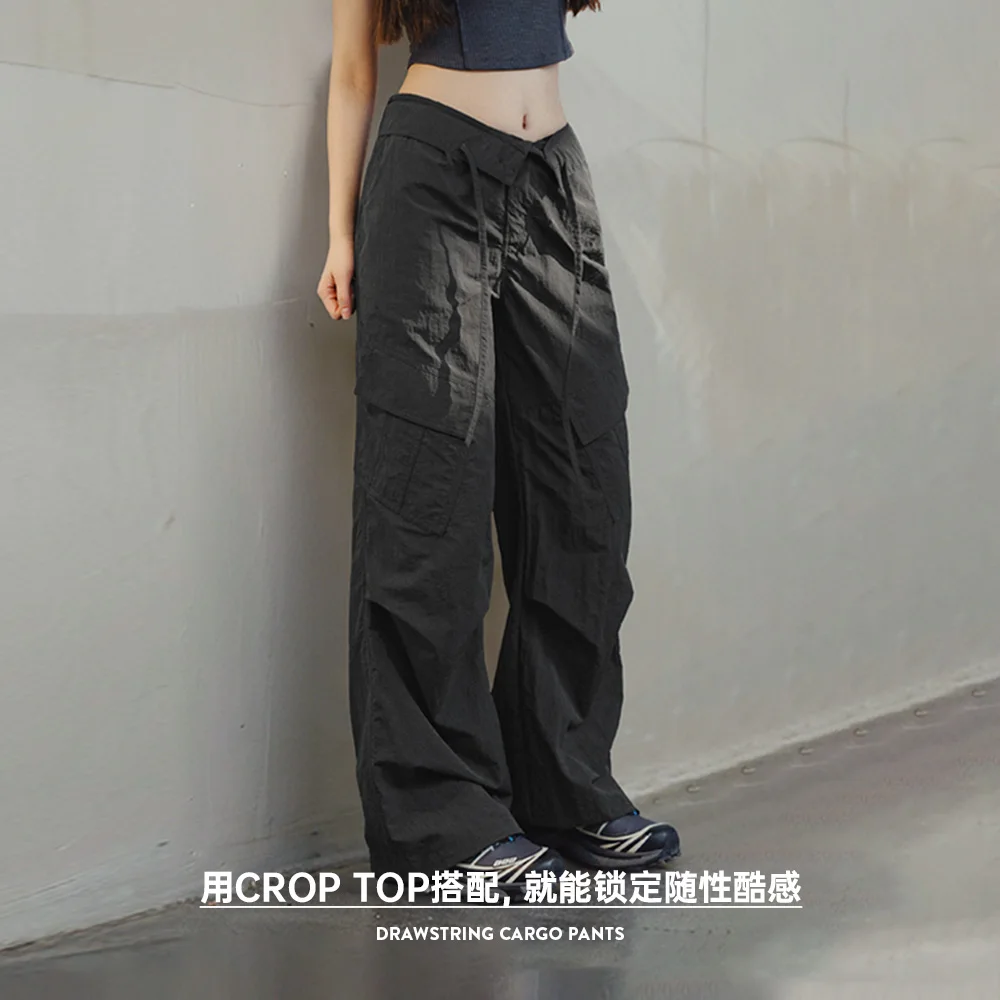 Maden Women Drawstring Cargo Pants Mid Waist Retro Girls Straight Trousers Female Casual Versatile Wide Leg Pants Dark Gray