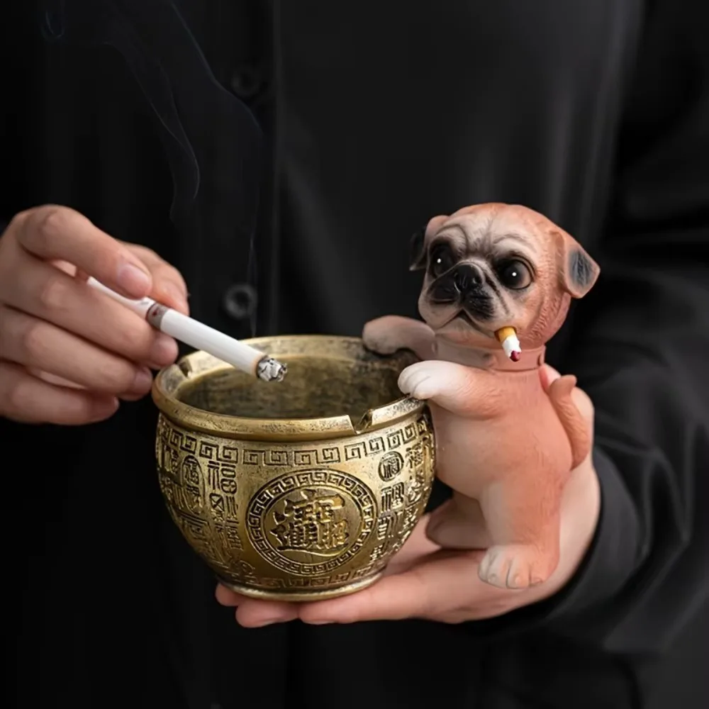 Funny Pug Ashtray for Cigarettes Novelty Resin Vintage Bronze Lucky Fortune Bowl Home Decor Man Cave Office Desk Gifts for Men