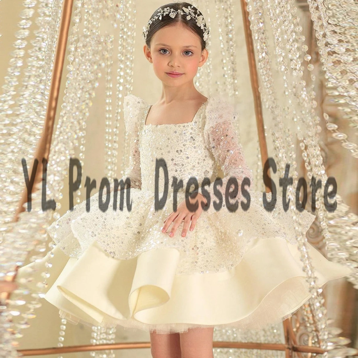 YL Modern Mini A-Line Baby Kids Dresses Ivory Pink Puffy Sequined Satin Flower Girl Dresses Square Collar Birthday Party Gowns