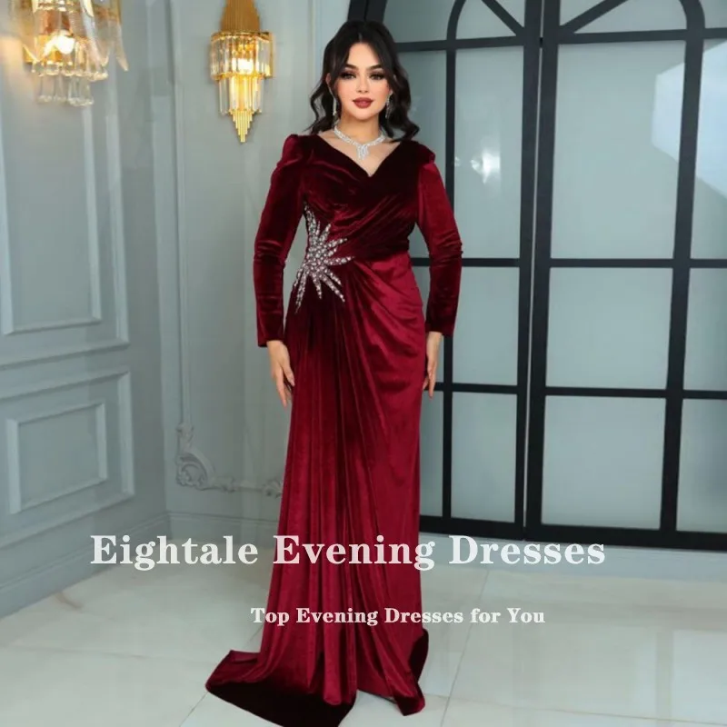 Eightale Velvet Evening Dress for Wedding Party Long Sleeves Customized Simple Mermaid Arabic Prom Gowns with Detachable Skirt