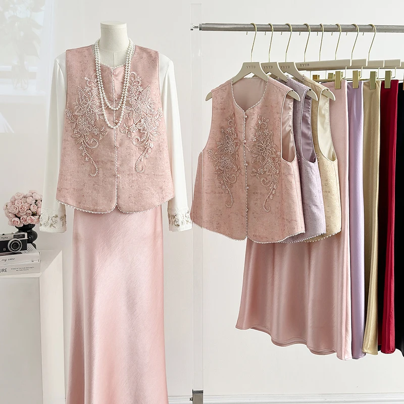 

plus Size Women's New Chinese Sle Set Vest Base irt Top f Skirt Tee Piece Set Commute Sle Regular Length Single Bu...