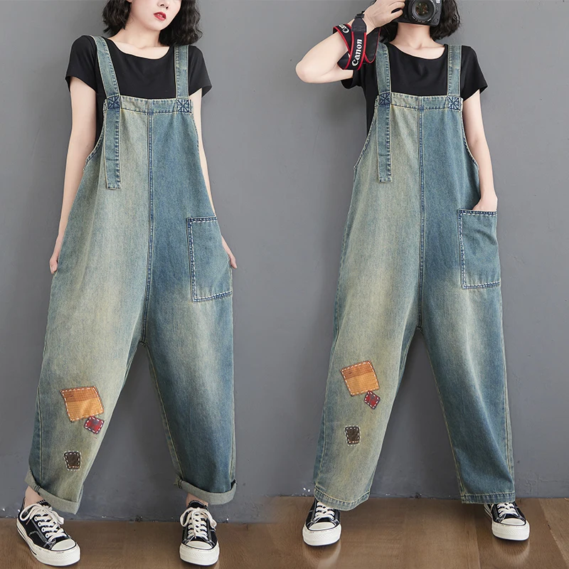 Vintage Contrasting Denim Overalls Spring Summer Women Patch Casual Loose Wide Leg Jumpsuit Female Jean Romper