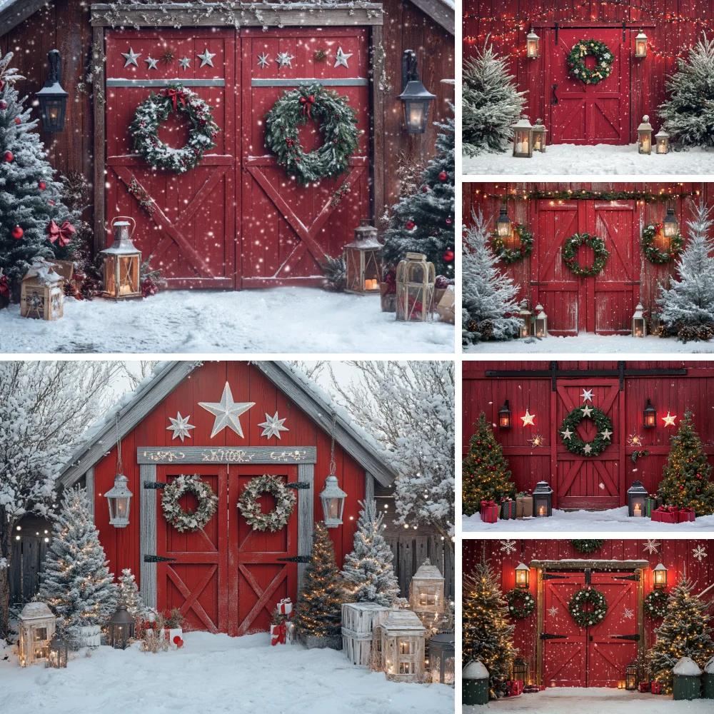 

Rustic Barn Door Background for Christmas Photography Green Wreath Snowflake Lights Backdrop Winter Family Photo Studio