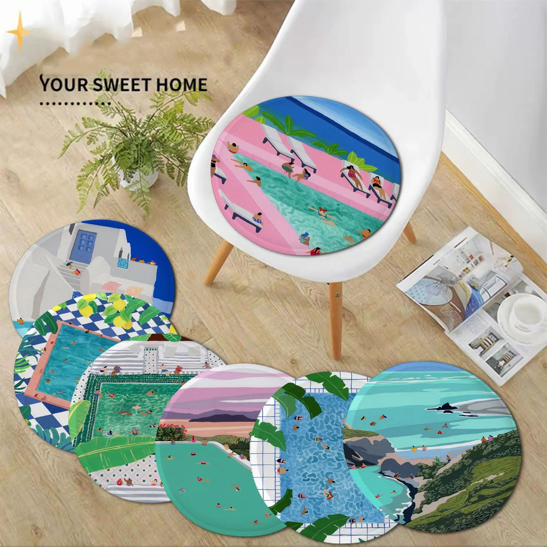 

Scandinavian Pink Coastal Poster Summer Pool Party Beach Swimming Creative Seat Cushion Office Dining Sponge Sofa Mat Non-Slip