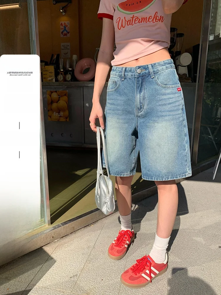 

Свободные широкие брюки с высокой талией, синие джинсовые орты, женские летние свободные брюки с высокой талией, американская талия, Szeung Zhengen Commuter Sle