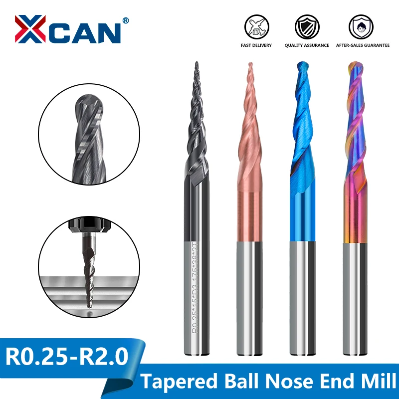 XCAN Milling Cutter 2 Flute Tapered Ball Nose End Mill Radius R0.25-R2.0mm CNC Router Bit for Wood CNC Engraver Carving Bit 