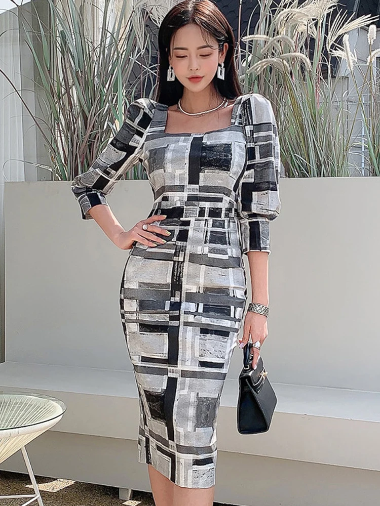 Korean Fashion Spring Autumn Elegant Women Dress Formal Ladies Chic Vintage Print Square Collar Slim Midi Party Mujer Vestidos