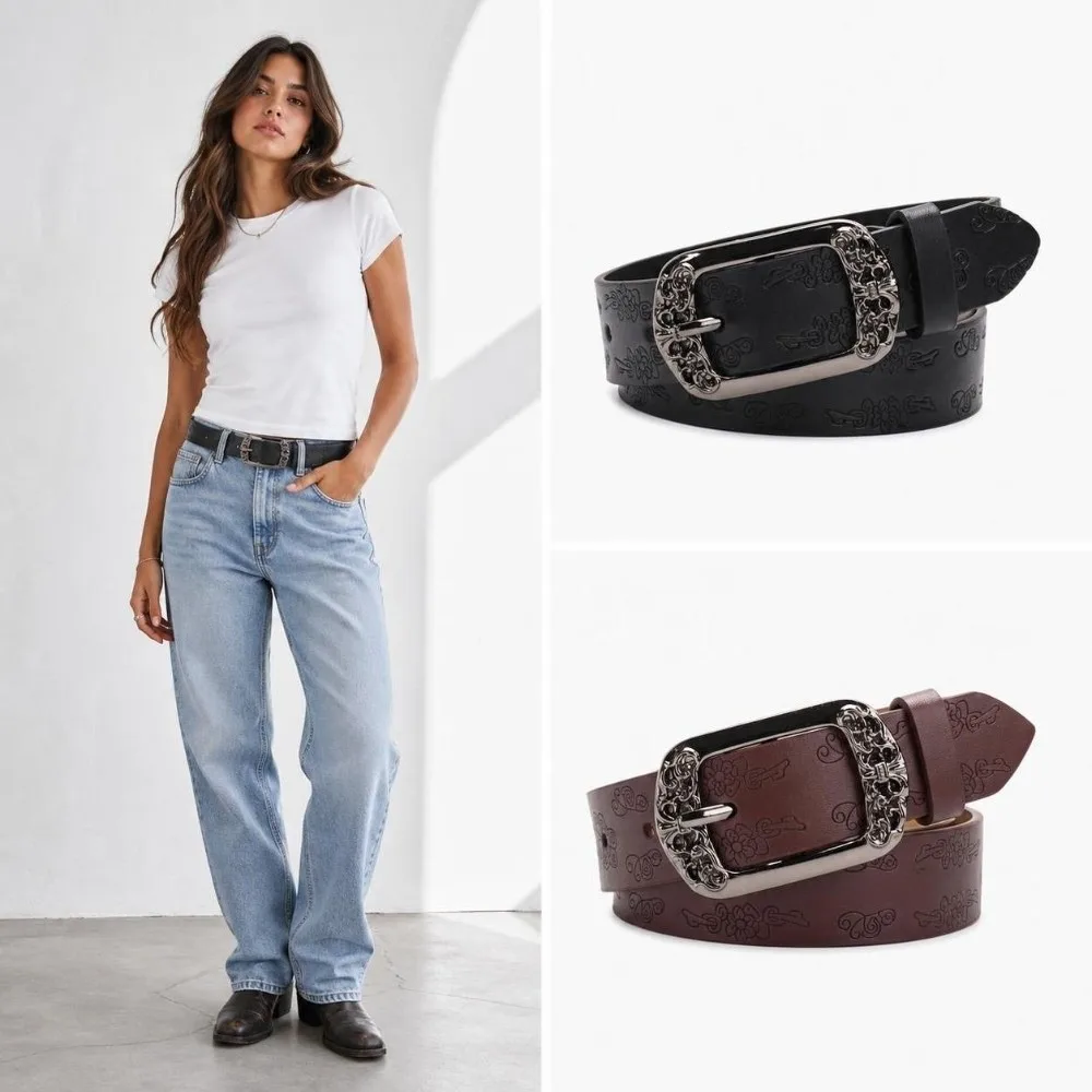 Alloy Pin Buckle Embossed PU Leather Belt Adjustable Faux Leather Decorative Waist Strap Antique Metal Buckle Unisex Design
