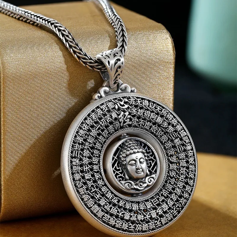 Traditional Buddha Heart Sutra Peace Pendant Silver Unisex Men's Personalized Rotating Car Hanging