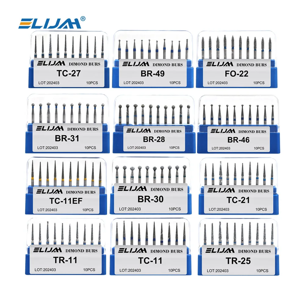 Brocas Diamantadas Odontológicas ELIJAH 10 Peças em Aço Inoxidável para Polimento de Dentes, Acessórios para Caneta de Alta Rotação, Ferramenta Profissional para Dentistas