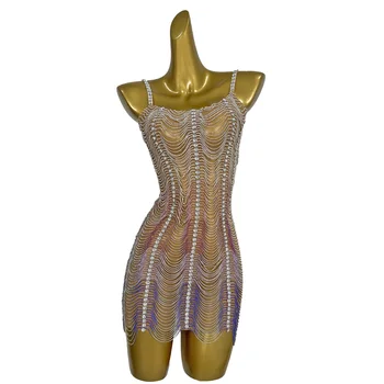 Mulheres High-End Vestido de Baile de Banquete com Diamantes, Funda, Performance Flash Samba, Vestido Trupe Dance, Vestido de Graduação em Bar, Caizhi