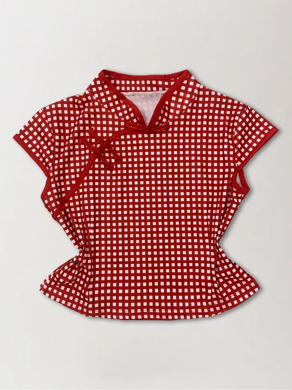 2026 Summer Chinese style buckle red checkered T-shirt, women's standing collar, slim fit cheongsam style, spicy girl trend, Y2K
