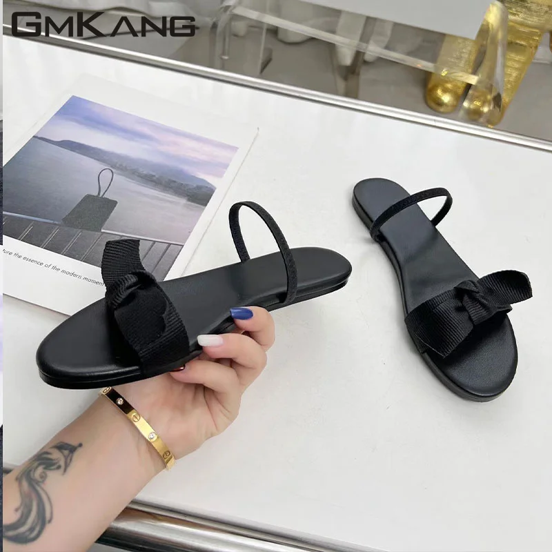 

Black Sandals Women Satin Butterfly-knot Casual Sandals Summer Flat Shoes Women Fashin Concise Mules Roman Sandals Woman