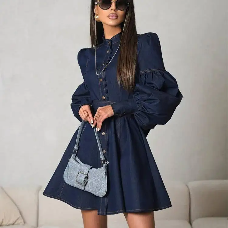 

New Denim 2025 Shirt Dress with Unique Design, Lantern Sleeves, Tie-up, Elegant and Fashionable Dress Dress Robe Vestido Women