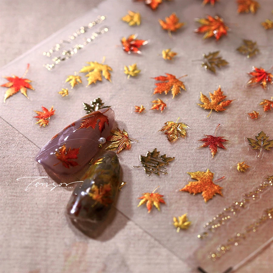 Autumn Fall Hot Stamped Maple Leaf Botany Plant Jelly Adhesive Nail Art Stickers Ginkgo Biloba Farewell Leaves Manicure Decals