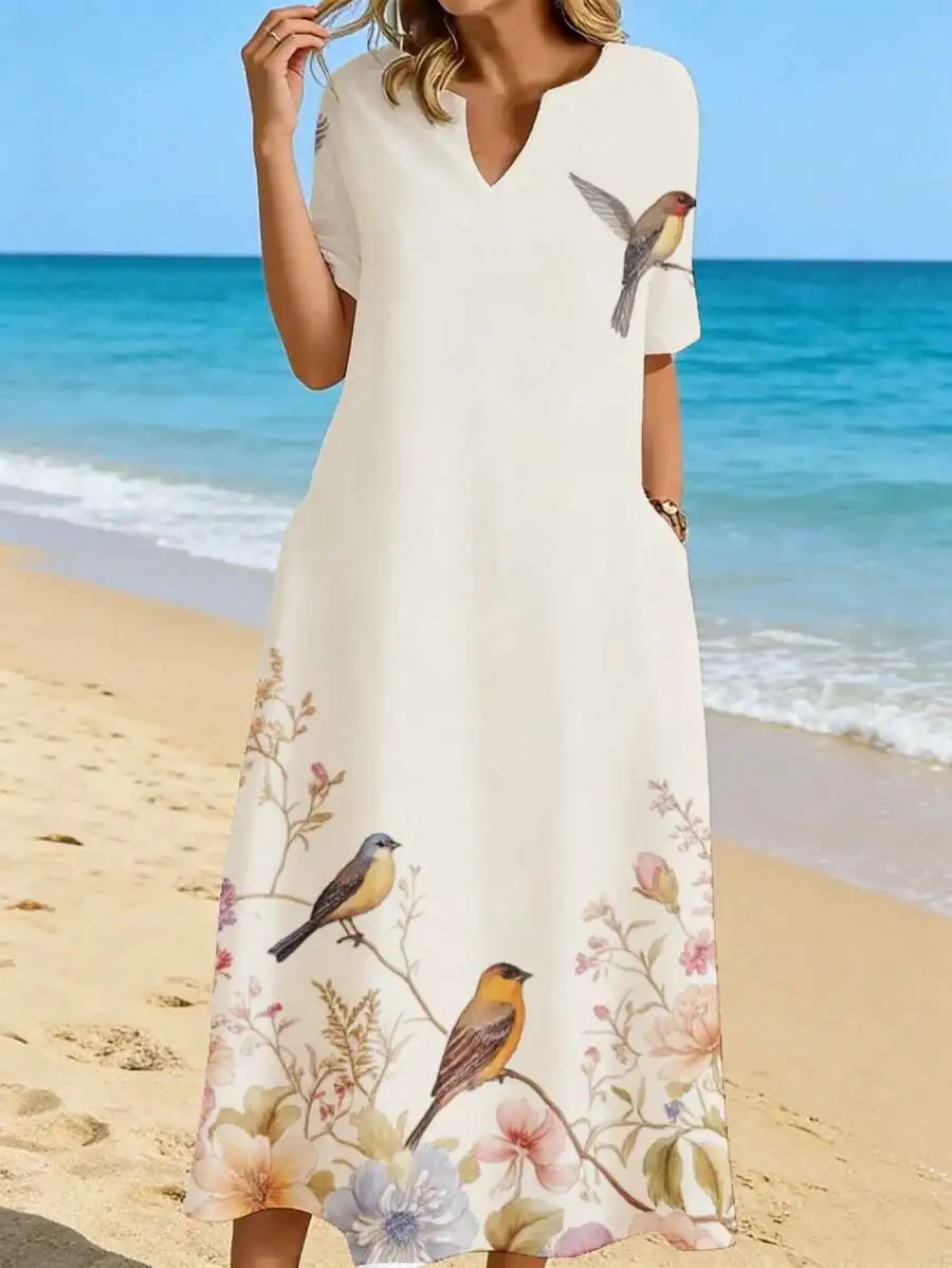 

V Neck Midi Dress Cream Bird Floral Print Beach Vacation Dress