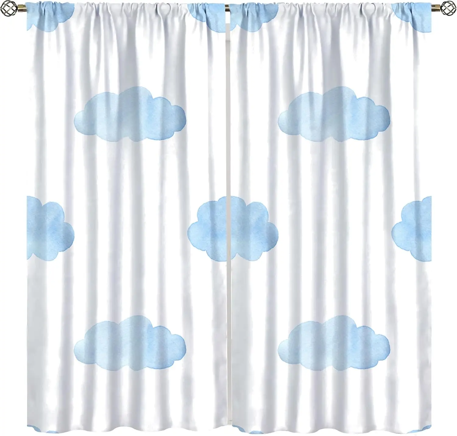 Fresh Hand Drawn Cloud Curtain Light Blue White Base Art Print Light Blocking Drape  Nursery Boys Room Hotel Window Home Decor
