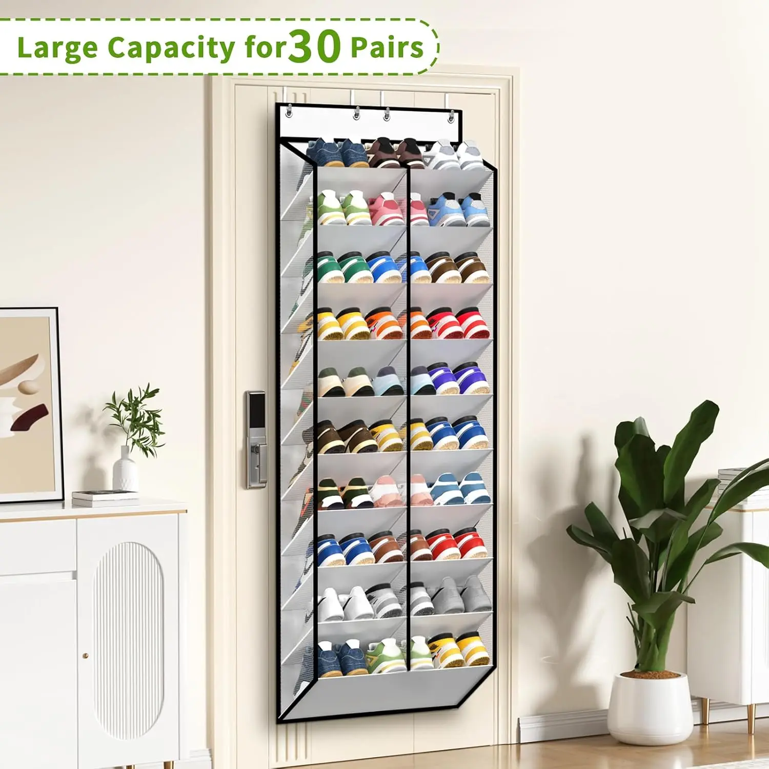 20-stufiger Schuh-Organizer zum Aufhängen an der Tür, tiefe Taschen, großer hängender Schuhständer für Schranktüren, für 30 Paar Schuhe geeignet – Detail 2