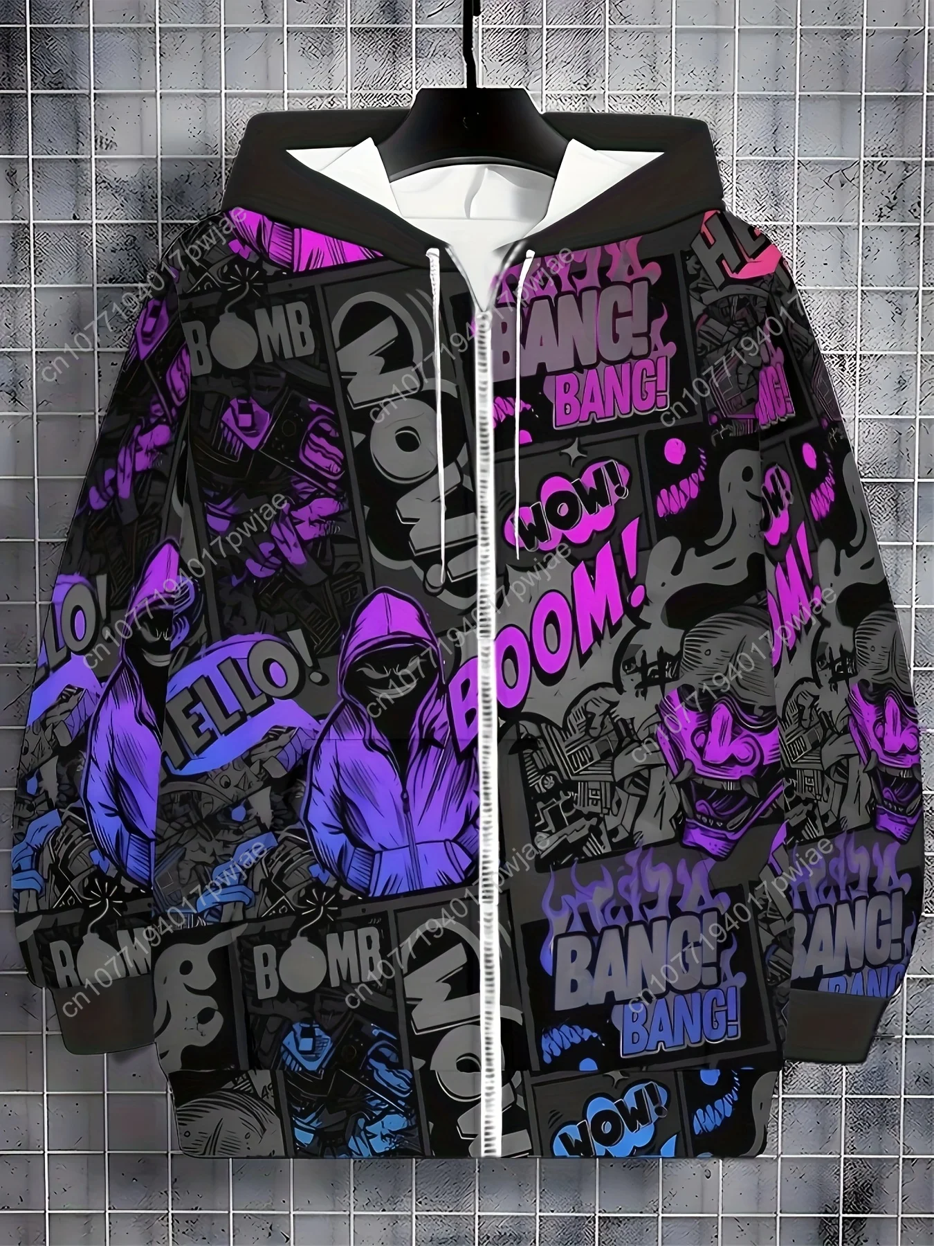 Felpa con cappuccio zip con stampa geometrica da uomo - Giacca streetwear a maniche lunghe con cappuccio e tasche con coulisse, viola vibrante e nero Art D