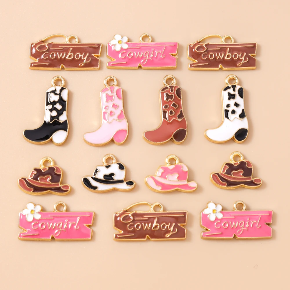 Leslie 10pcs Pretty Girls Cowboy Boots and Hat Charms Pendants for Jewelry Making Necklace Earrings DIY Cowgirl Hat Charm Gifts