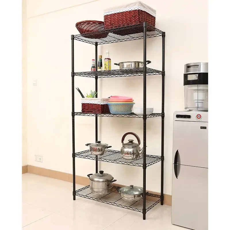 5 Tier Adjustable Metal Kitchen Storage Rack Floor Standing Cooker Shelf Light Black Wire Organizer for Home Household Use