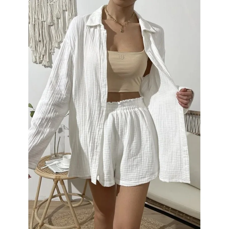 Pure Cotton Gauze Muslin Sets For Women Two Pieces Set Long Sleeve Shirts And Loose High Waist Mini Shorts Sets Ensemble Femme
