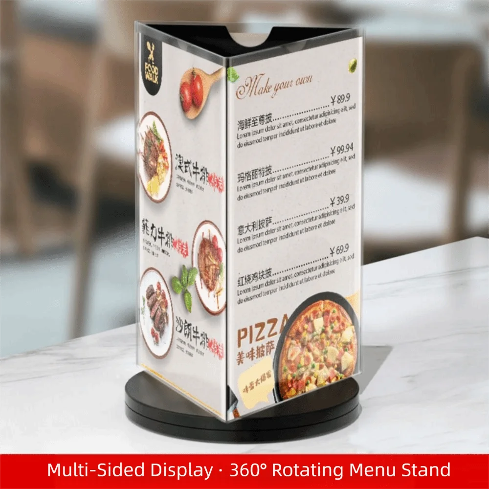 

360 Degree Rotating Menu Sign Holder Three Side Smooth swivel Menu Cover Display Stand Reusable Waterproof