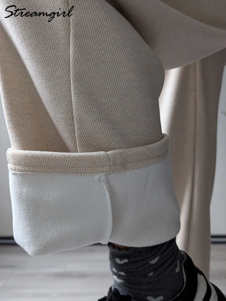 Streamgirl Warm Winter Wool Pants Women With Fleece Trousers High Waist Velvet Straight Leg Pants For Women Elastic Waist