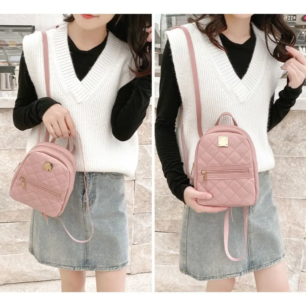 Lingge Embroidery Mini Small Backpack Solid Color PU Leather Women Shoulder Bag Zipper Large Capacity Travel Rucksack