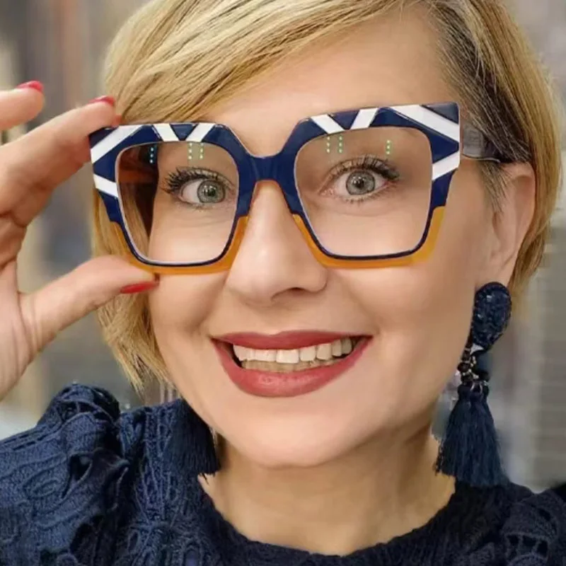 Color matching large frame cat\'s eye anti-blue light myopia glasses frame fashion cool plain glasses -25~-600
