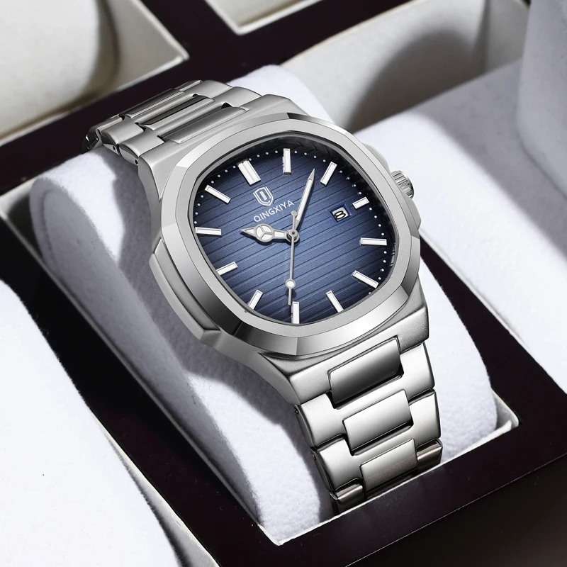 

QINGXIYA Fashion Square Quartz Watch for Men High Quality Stainless Steel Waterproof Luminous Calendar Business Men's Watches