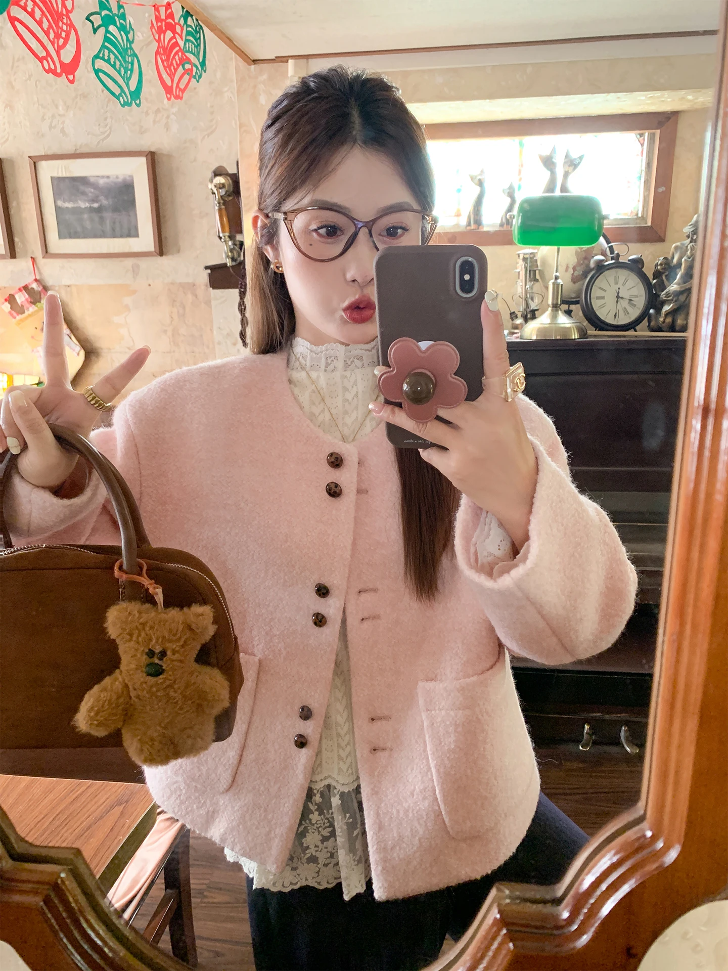 

Zeng Xiao Salt, корейский розовый шерстяной твидовый джет, женский осенне-зимний свободный круглый топ Ne Sweet Temperament