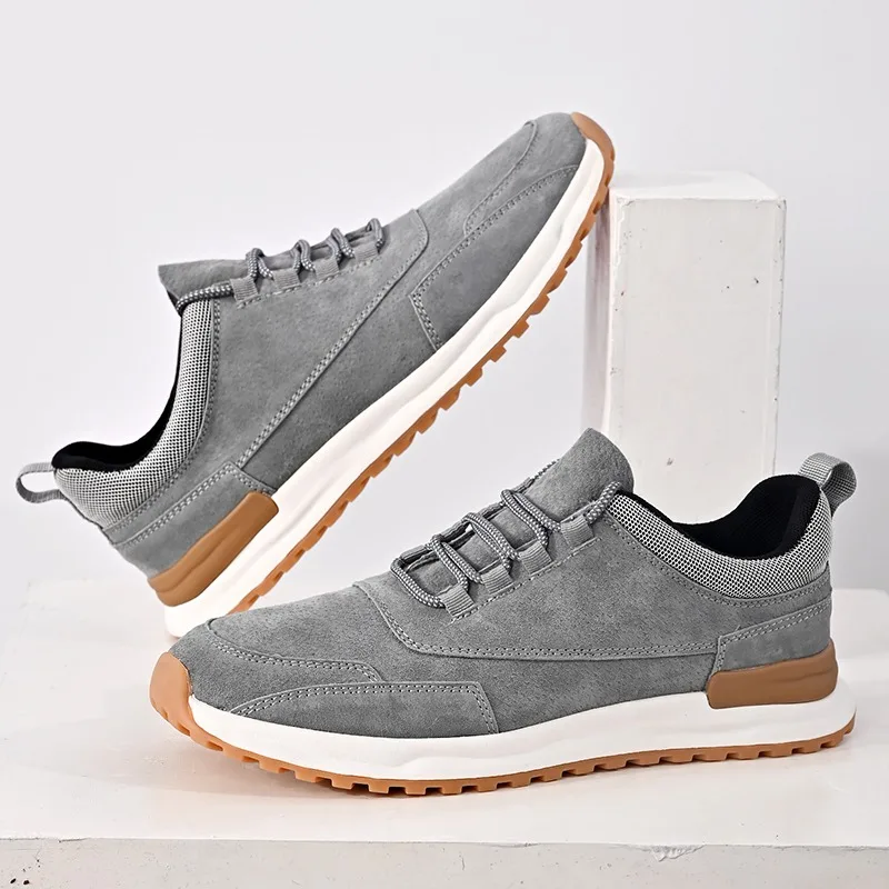 Fashion Men's Suede Leather Casual Sneakers Gray Elastic Slip On Design Two Tone Anti-Slip Sole Lightweight Daily Commute Shoes