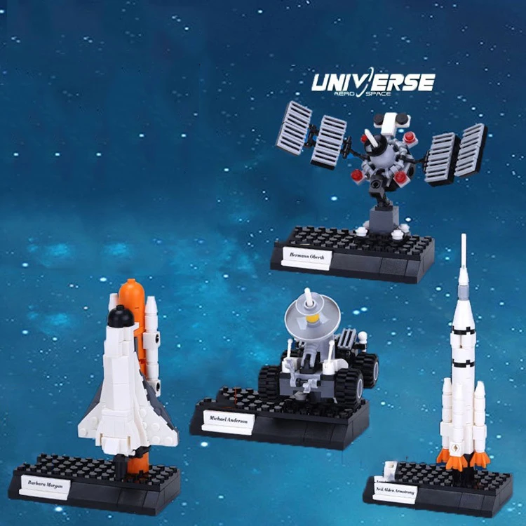 Idea de exploración espacial, bloques de construcción, figuras de astronauta, ladrillos, cohete, satélite, nave espacial, Rover Lunar, juguetes educativos para niños
