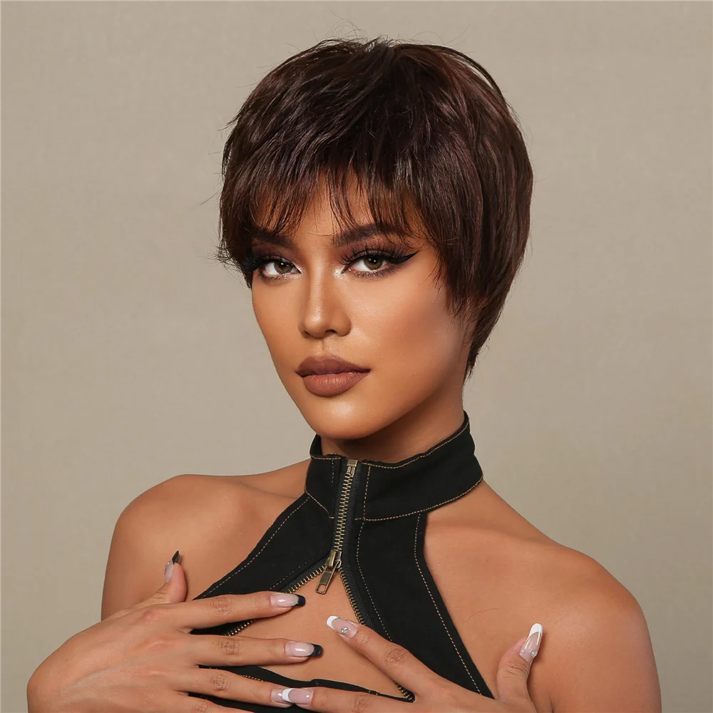 Short Dark Brown Pixie Cut Wigs for Women Blend Human Hair African Wigs With Bangs Natural Synthetic Wigs With 30% Human Hair