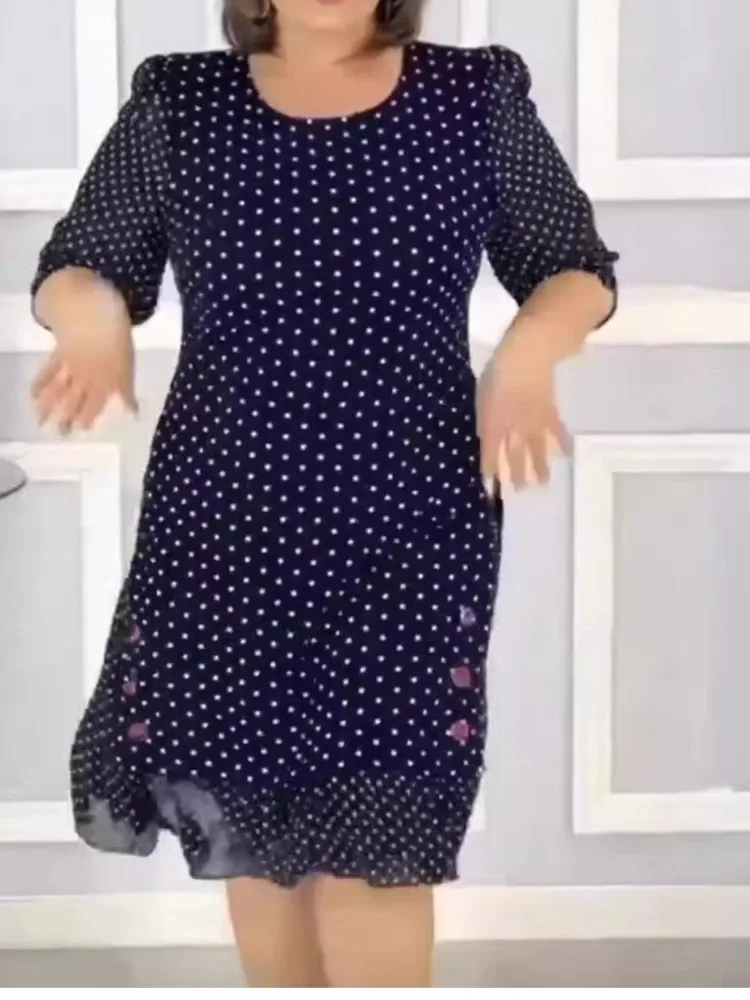 

New Summer Simple Style Light Mature Style Round Neck Polka Dot French Loose Polka Dot Print Ladies Evening Elegant O Neck Short