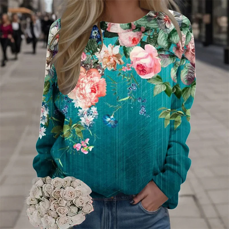 Harajuku New 3D Printing Colorful Flowers Sweatshirts Fashion Women Streetwear Pullovers Winter Girls Floral Graphic Top Clothes