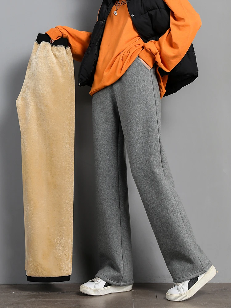 Women Warm Winter Plush Thick Pants Lambskin Cashmere Trousers High Waist Cotton Fleece Loose Female Wide Leg Pants