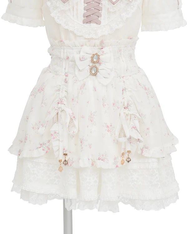 Minés japoneses estilo massa-produz liz saias doces cintura alta diamante arco rendas floral impressão versátil casual mini saia feminina