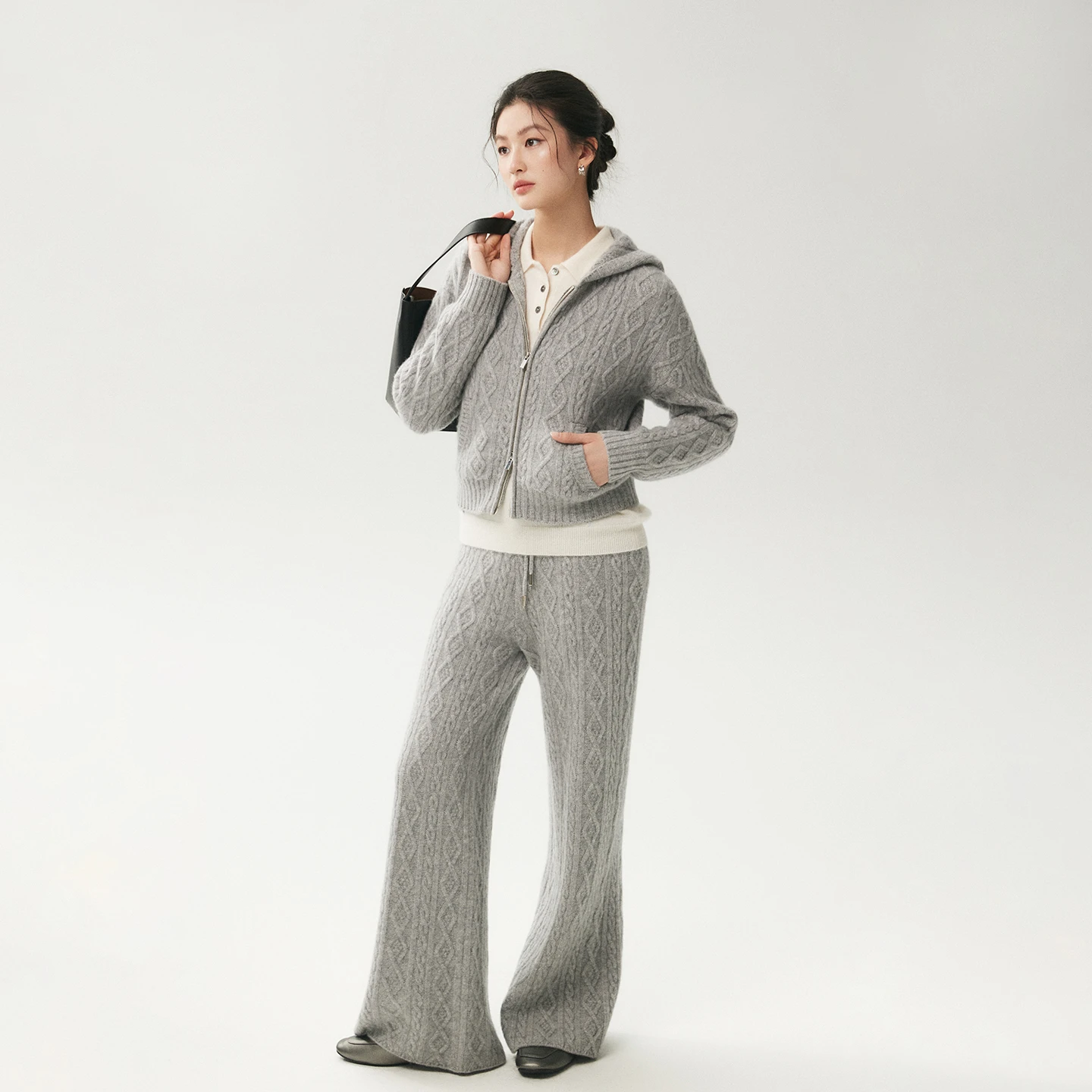 ADDONEE Women 100% Cashmere Sweater Pants Suit Thick Zipper Hoodie Cardigan Wide Leg Pants Autumn Winter Cashmere Knit Outfit