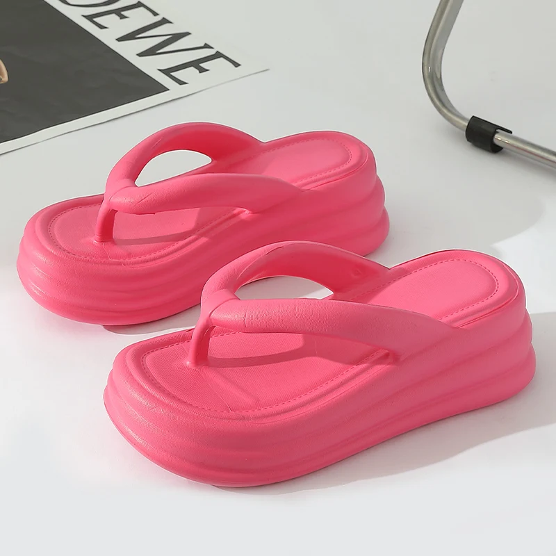 

Hot Pink Thick Bottom Wedges Flip Flops Women Summer Soft Soles Platform Height Increaseing Slippers Woman Outdoor Beach Sandals