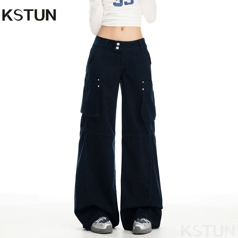 

Low-rise Women's Cargo Pants 100% Cotton Wide-leg Loose Bell-bottom Trousers Navy Blue Double-breasted With Rivets Cargo Pockets