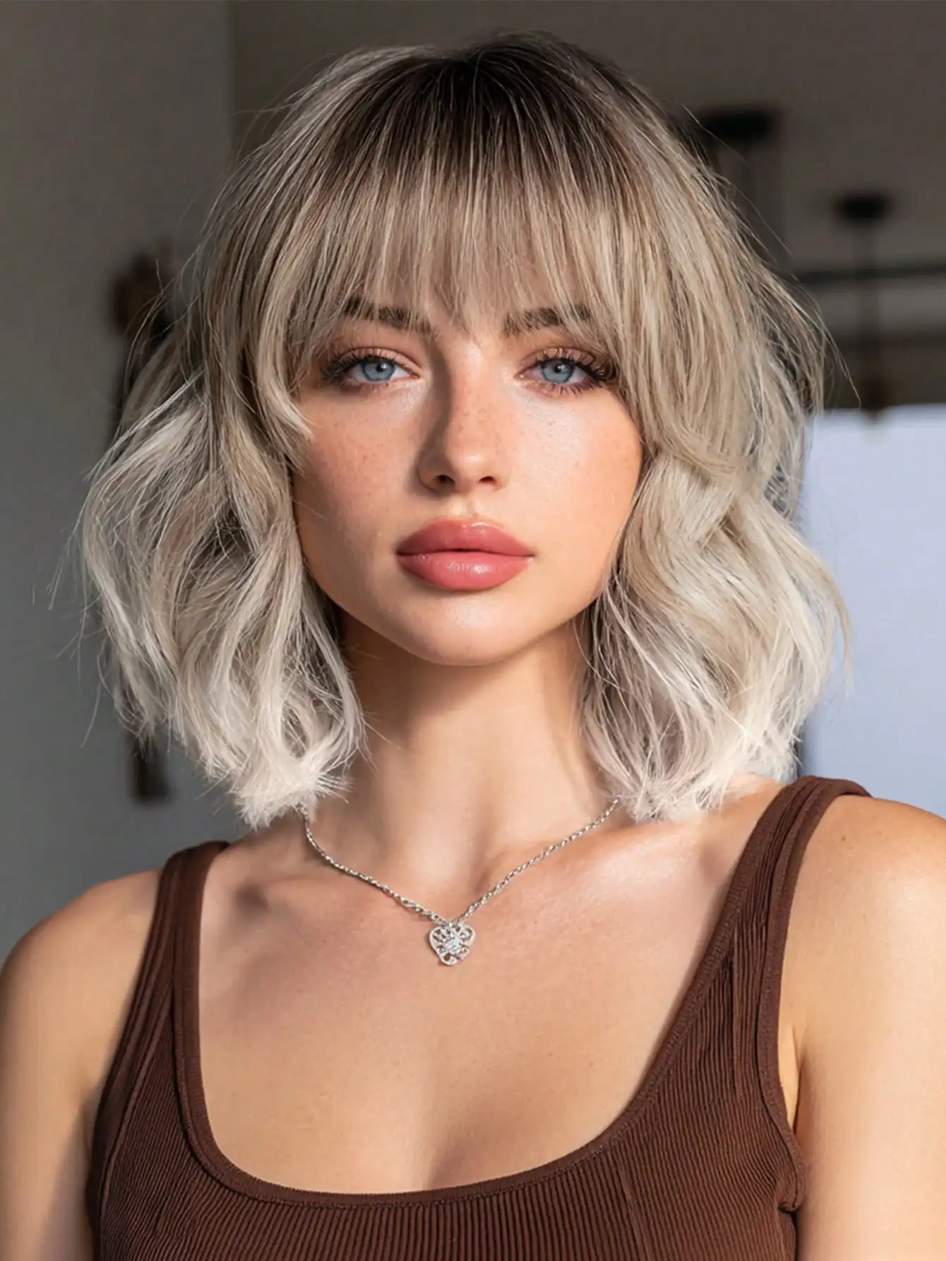 

14-дюймовый короткий волнистый парик коричневого цвета с градиентом бежевых оттенков, с челкой и розовым кружевом, для фестивалей, вечеринок и праздников, синтетический.