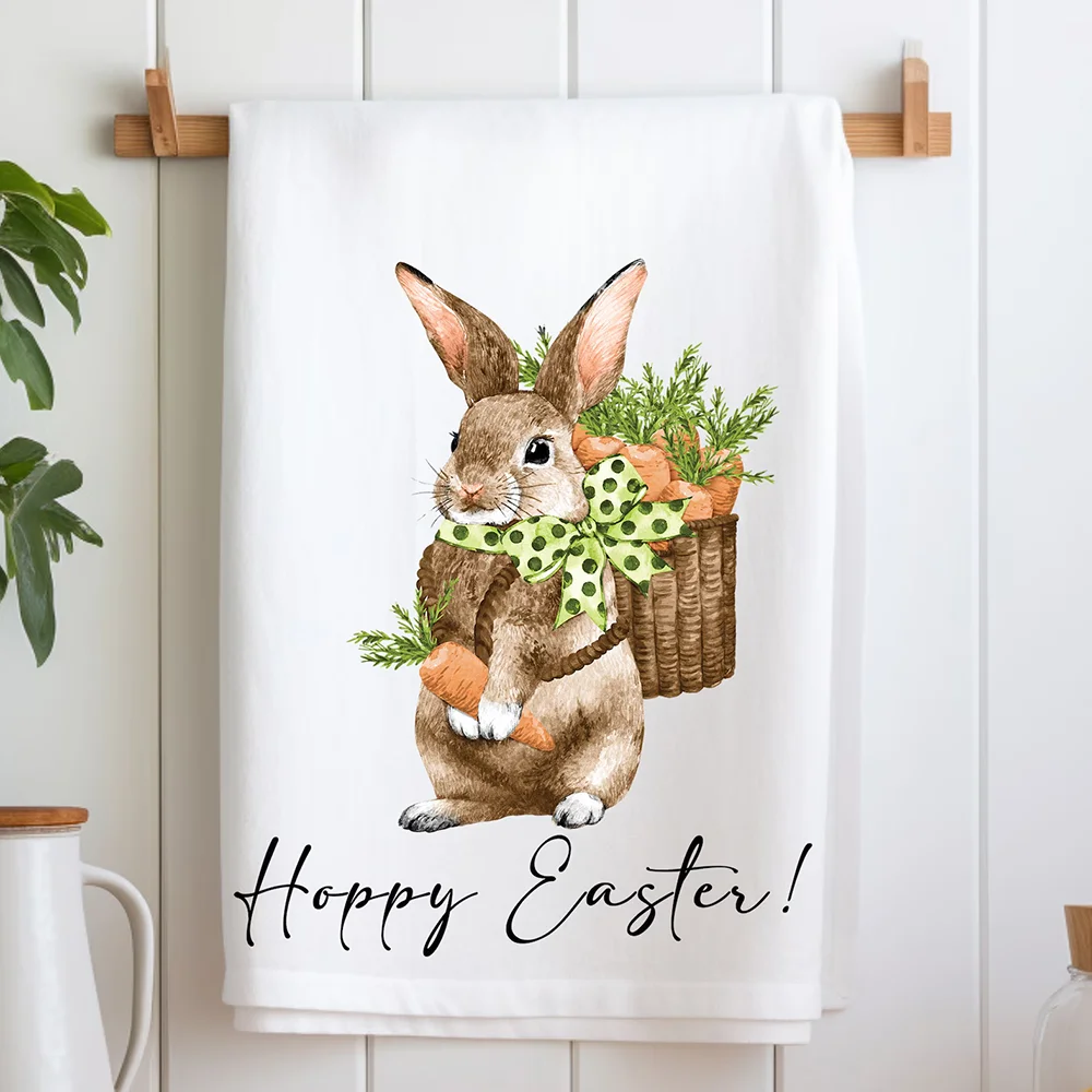 

Happy Easter Bunny Carrot Tea Towel Spring Kitchen Hand Towel Home Accessories Easter Party Decoration Housewarming Hostess Gift